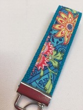 wristlet key fob fob made with fabric, cotton webbing, blue, green, yellow