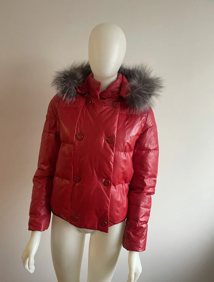 Red Leather Down Puffer Coat Fox Fur Trim S M 6 - Image 4 of 4