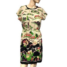 Anna Sui silk blend Dress printed Trees Tulips Nature Scene Forest Size 6