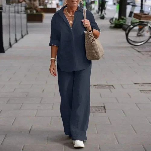 Women's Cotton Linen Suit Sleeve Shirt Long Loose Pants Set Female Casual Sets - Picture 5 of 26