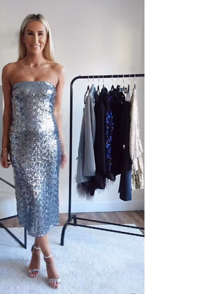 Zara Plata Lentejuelas Midi Vestido Hombro Descubierto Talla M Ref. 0085 868 - Imagen 3 de 4