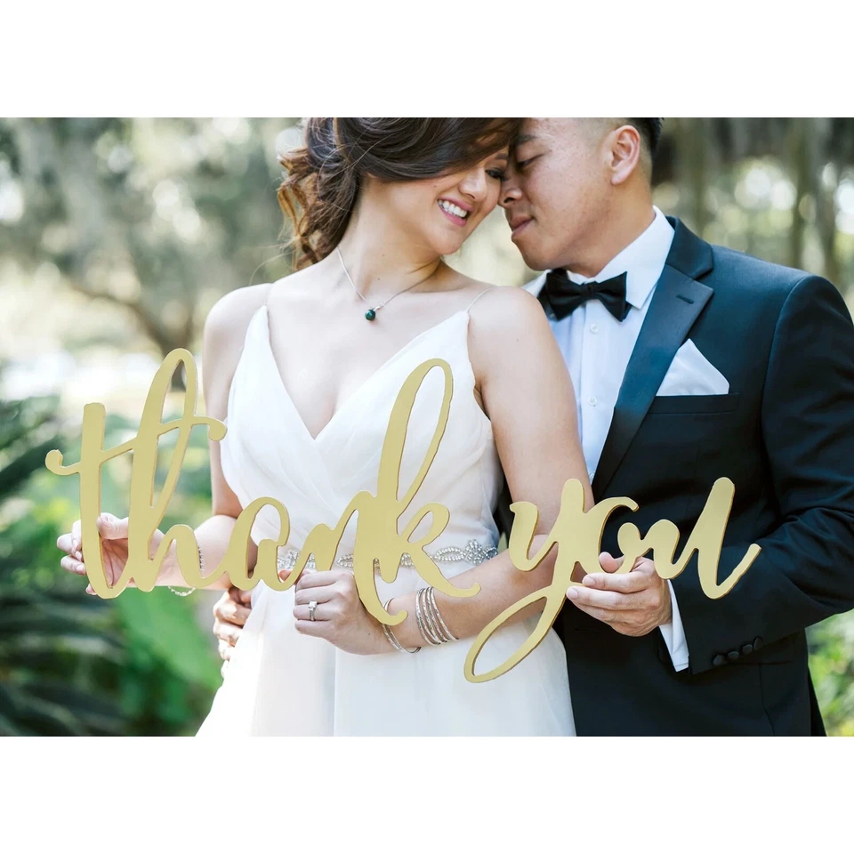 Gold “Thank You” Calligraphy Style Wedding Sign Invitations Picture Prop Wooden - Image 2 of 4