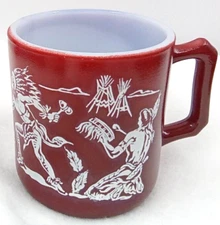 Hazel Atlas Child Mug Drinking Milk Glass Handle Drum Fire Reddish Brown Vintage