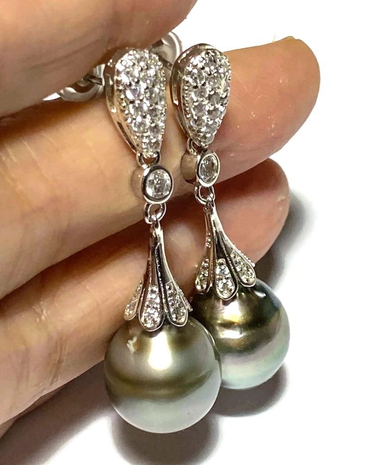 RARO 12,5 x 14 mm Ovalado Gota Pavo Real Gris Tahití Mar del Sur Perla Pendientes Colgantes Foto 3 de 4