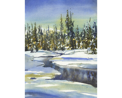 Snowy mountain landscape art.  Watercolor painting snowy mountains art (print)