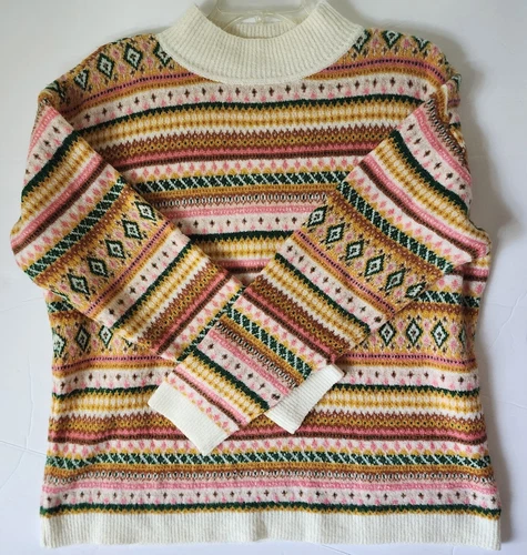Talbots Women's Fair Isle Mock Neck Pullover Sweater XLPetite  Pink Green Gold