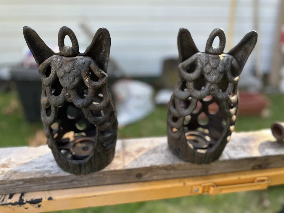 Rare Vintage Japanese Antique Cast Iron Owl. Home Decor 7.5" - Pair - Image 3 of 3