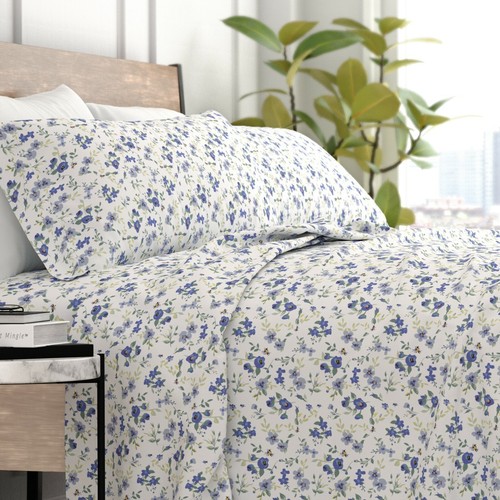 ienjoy Home Premium Ultra Soft Blossoms Pattern 4 Piece Bed Sheet Set, Size: King, Light Blue