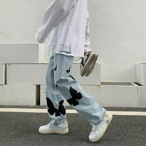 Butterfly Print Jeans for Men Loose 