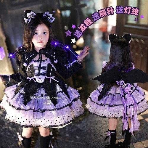 Cute Kuromi Girl Princess Dress Kawaii Kids Cosplay Costume Halloween Lace Dress