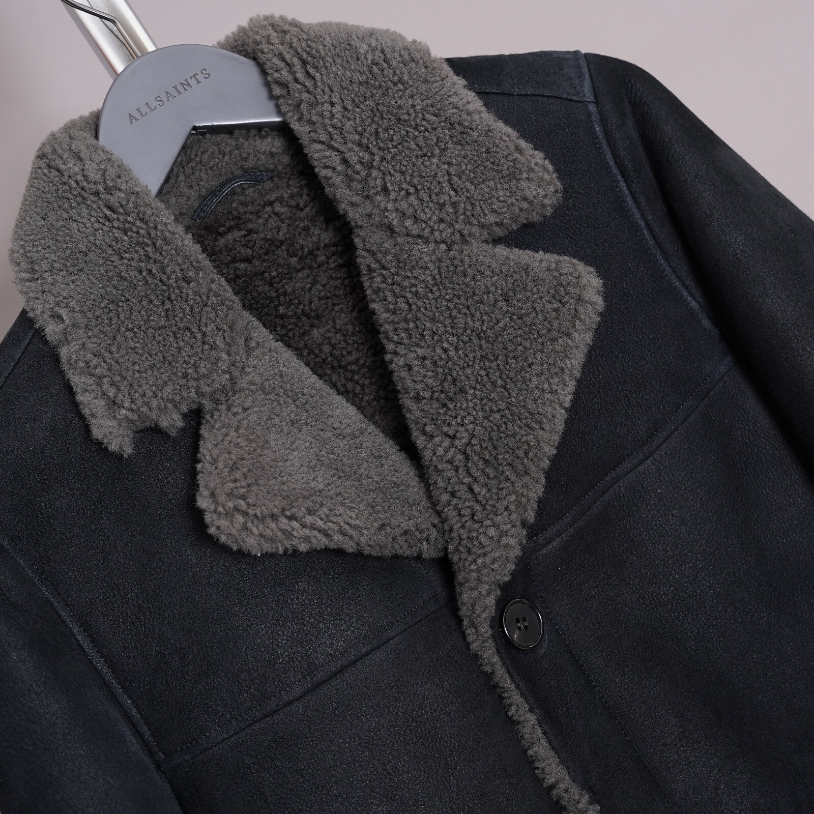 ALL SAINTS Shearling Leather Jacket EXTRA SMALL Mens Black XS Sheepskin GARRICK