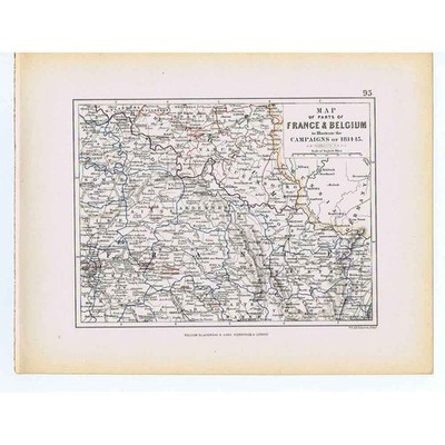 FRANKREICH/BELGIEN Grenze zeigt Schlachten/Feldzüge von 1814-15 - antike Karte 1875