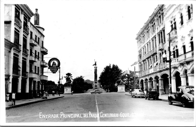 Vintage RPPC Guayaquil Ecuador Centenario Park Main Entrance Street Scene Cars