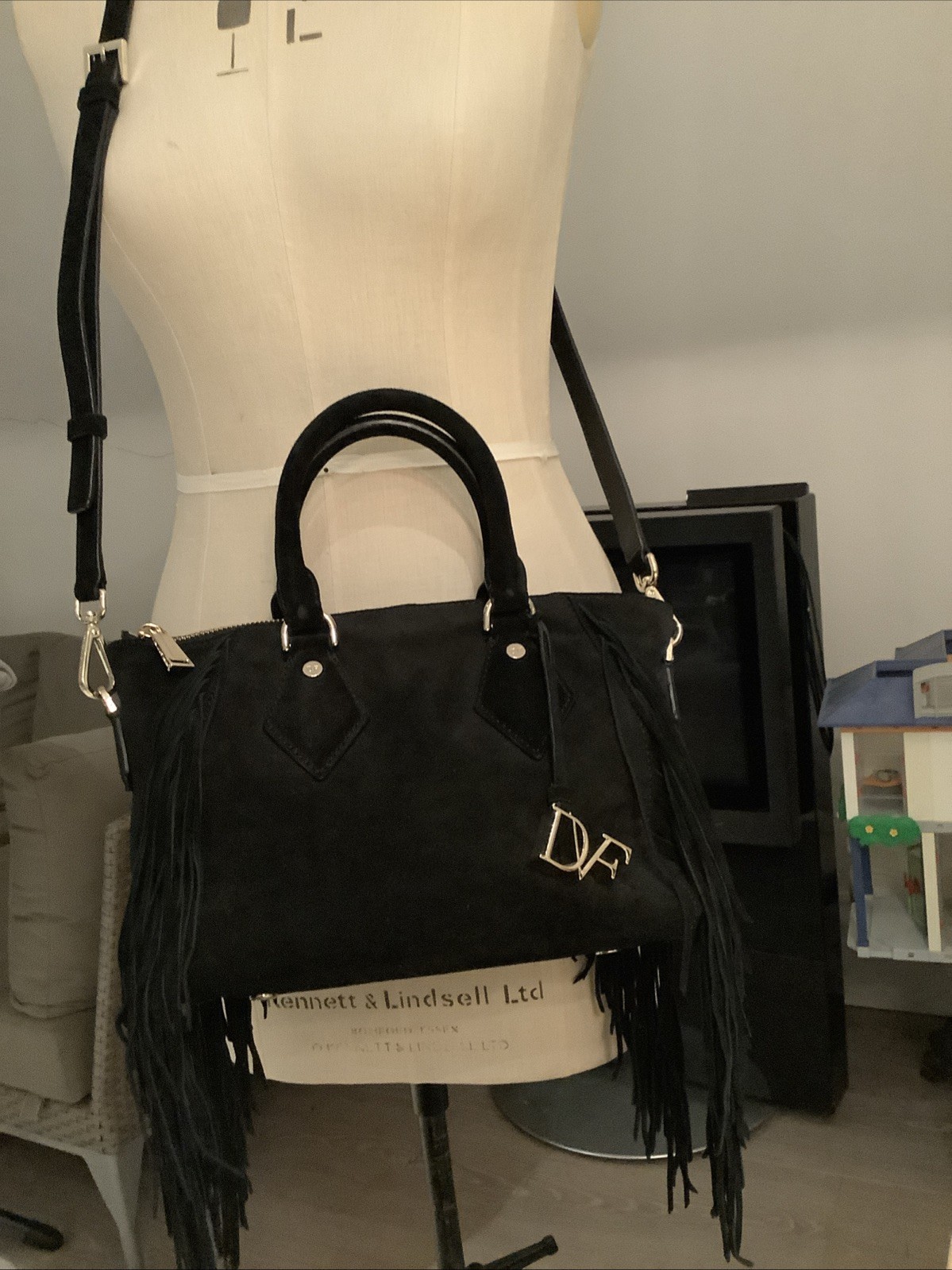 Diane von Furstenberg SUEDE BAG SATCHEL FRINGE BAG BLACK COLOR GENUINE LEATHER