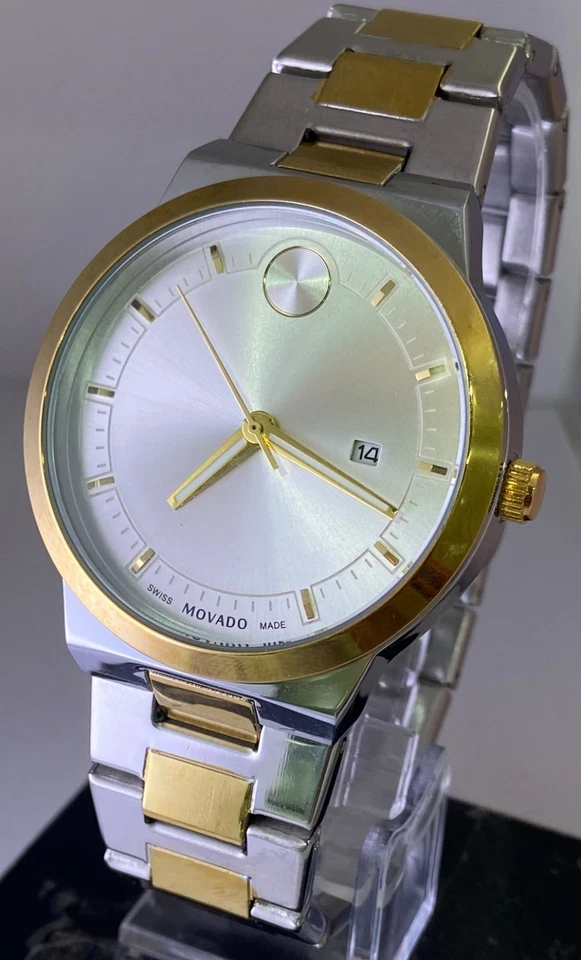 Reloj Pulsera Cuarzo Reacondicionado de Lujo Dos Tonos Movado Negrita Verso Fecha 3 en Punto Foto 4 de 4