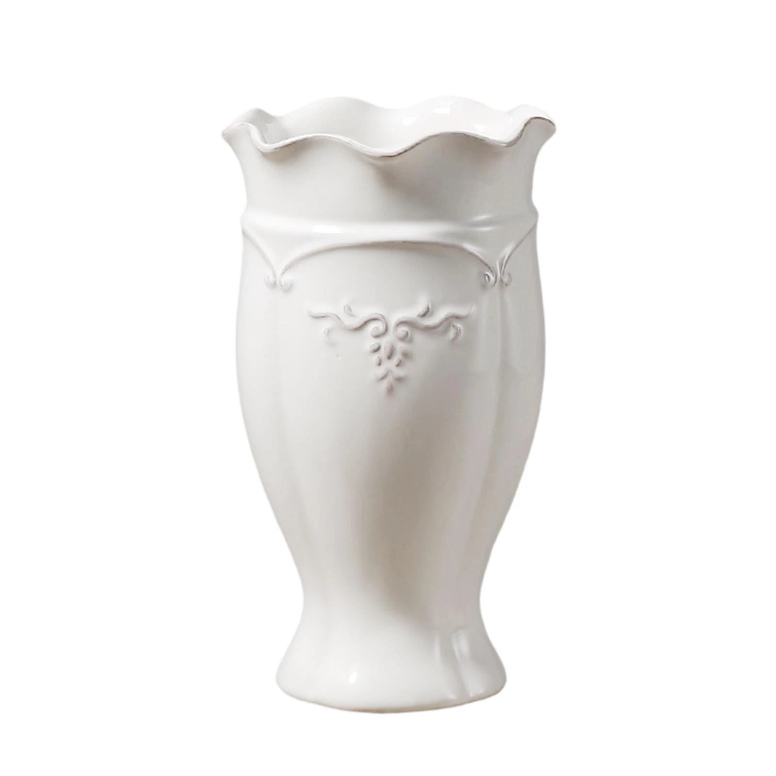 White Ceramic Flower Vase Embossed Vine for Table Centerpiece Shelf Bathroom