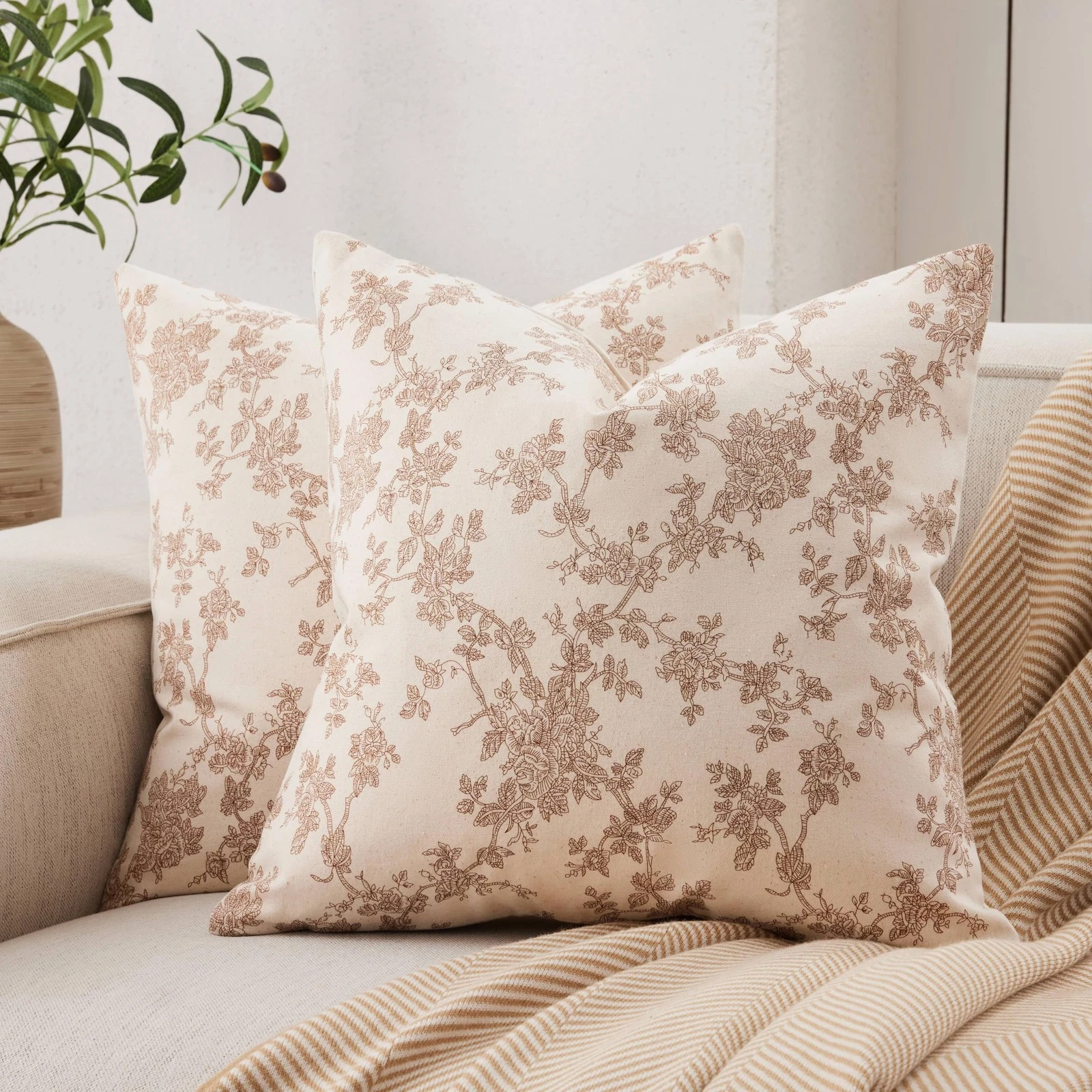 100% Cotton French Pastoral Throw Pillow Covers Set of 2, 24x24 Inch Brown Fa...