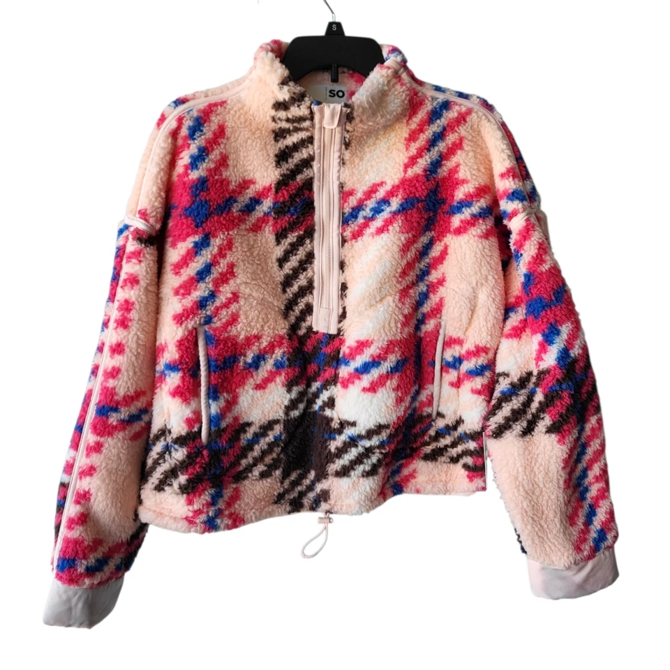 SO Pile High Quarter Zip Sherpa Jacket Women's Large Pink Plaid NWT - Image 2 of 4