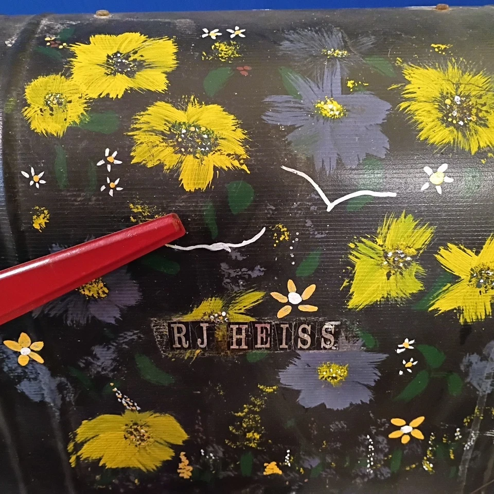 Buzón primitivo JUMBO de colección galvanizado negro Tole pintado flores silvestres 24"x15 Foto 4 de 4