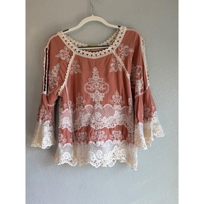 Democracy Women's S Boho Crochet Lace Embroidered Bell Sleeve Blouse Terracotta