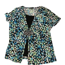 Elementz women's blouse two-fer Medium short sleeves relaxed silver clasp blue