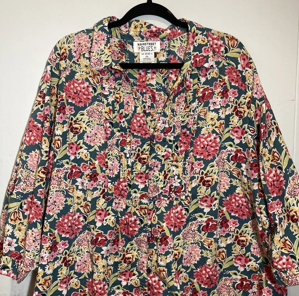 Top vintage Main Street Blues floral con botones talla grande 2X Cottagecore Spring Foto 2 de 4