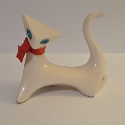 Cubist Cat MCM Figurine Jewel Eyes Japan 1950s Mid Century Modern White Red Bow