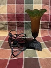 Vintage Tiffany Style Green & Amber Glass Tulip Flower Accent Lamp w/ Metal Base