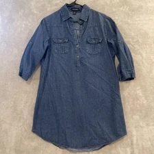 Fun & Flirt chambray denim casual shirt dress, blue, knee length women's M READ