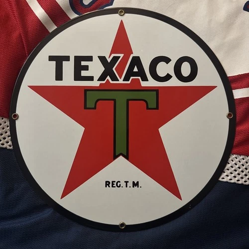 Texaco 8" Diameter Vintage Novelty Metal Sign Made In USA New! Porcelain Sign