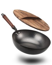 BIELMEIER 12.5" Carbon Steel Wok Pan - Flat Bottom, All Stoves, Lid Included