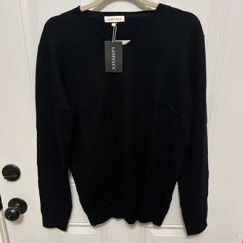 LANPULUX Women's L 100% Pure Wool Sweater Long Sleeve Pullover V-Neck NWT Black