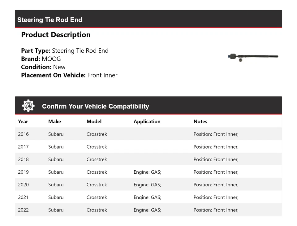 For 2016-2022 Subaru Crosstrek Steering Tie Rod End Front Inner MOOG 2016 2017 - Image 2 of 4