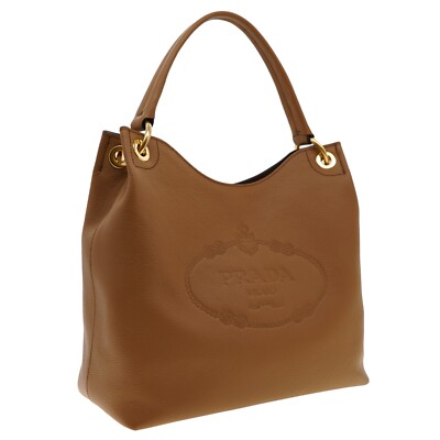 Prada Hobo Shoulder Bag Embossed Logo Caramel Leather 1BC051 New