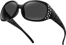 Polarized Sunglasses for Women, Rhinestone Wrap Around Black Frame Grey Lens