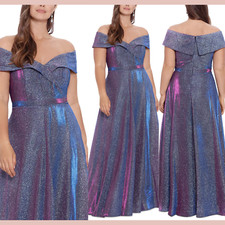 NWT $329 XSCAPE [ Plus 22W ] Off the Shoulder Glitter Metallic Gown #J827