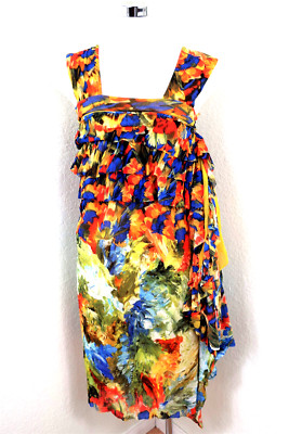 Robe poupée bébé vintage GAULTIER magasin aquarelle soleil franges jaunes S M 4 5 6