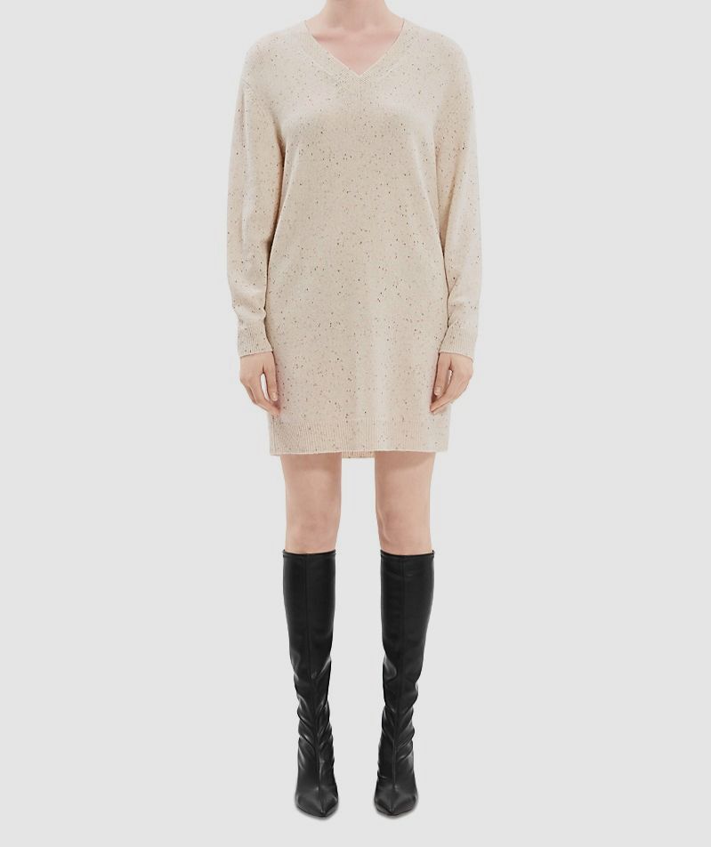 Theory Women's Beige Donegal Wool Cashmere V-Neck Sweater Dress Petite Size  P