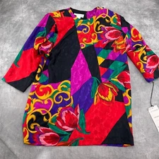 LA Chemise Blouse Women 12 Black Red Yellow Floral Scroll Tunic 80s NWT USA VTG