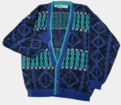 Zeppelin Men's V Neck Cardigan Sweater Geometric Button Up Knit Grandpa Sz L Vtg