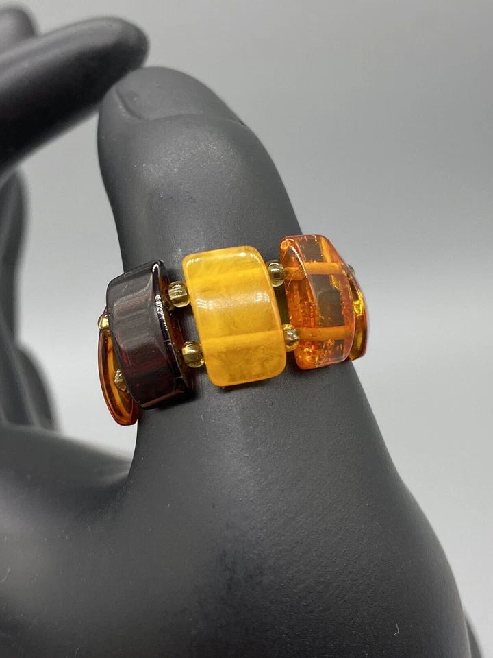 Anillo de goma de eslabones cuadrados genuinos ámbar multicolor real talla 10 ajustable Foto 2 de 4