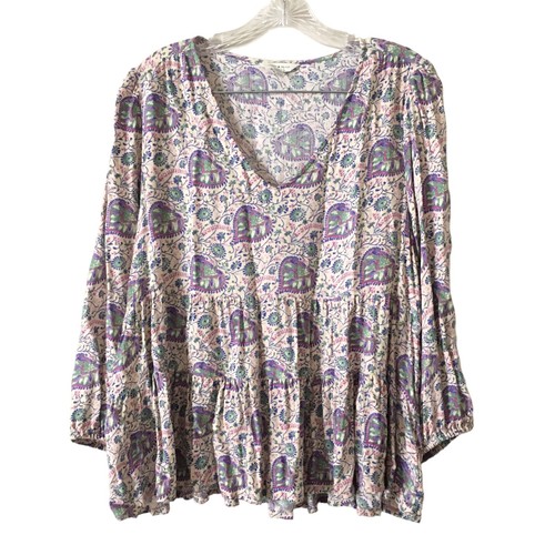 Lucky Brand Women's Peasant Blouse Size L Floral Boho VNeck 3/4 Sleeve