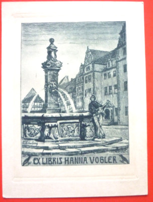 Exlibris, Bookplate ''Hanna Vogler'' Art Nouveau, City, Fountain, Fish
