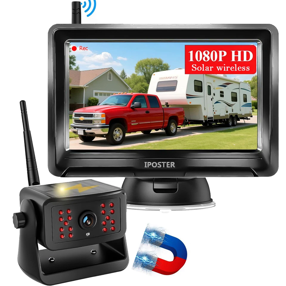 Portable 1080P Wireless Solar Magnetic Backup Camera 5" Monitor DVR for Car - Image 2 of 4