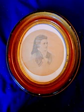 HAND DRAWN OVAL FRAME GOLD BROWN BLACK PENCIL IMAGE PRIMITIVE FOLK ART