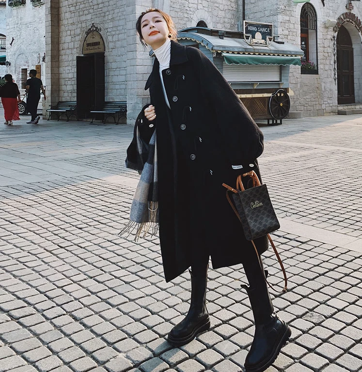 Womens Fashion Winter Japanese Style Lapel Loose Black Wool Overcoats Warm Coats