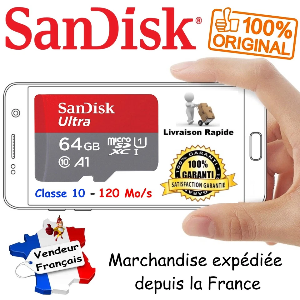 SANDISK - Carte Mémoire 64 Gb Micro SD SDXC - Existe aussi en 8 16 32 128 256 Go - Photo 1/1