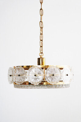 Carl Fagerlund crystal Pendelleuchte für Orrefors Schweden Lampe Messing  1960s