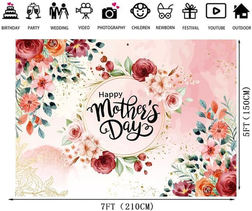 7X5Ft Happy Mother'S Day Backdrop Pink Flowers Golden Mother'S Day Party Wall De - Picture 4 of 5