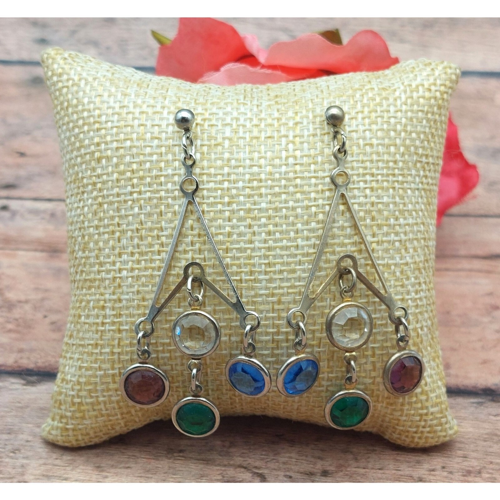 Silver Tone Statement Earrings Dangle Drop Bezel … - image 1